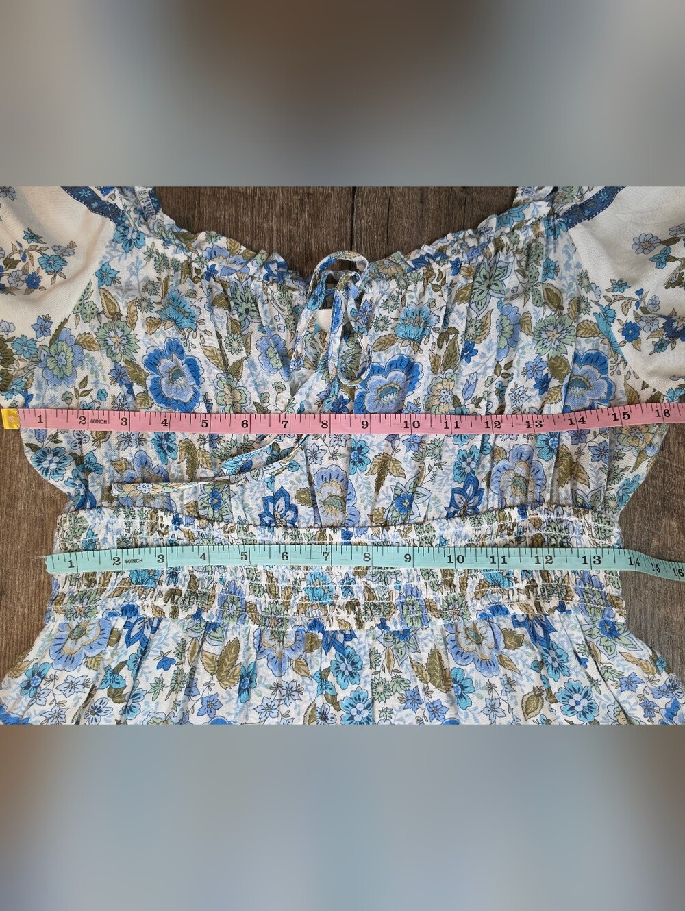By The River Floral Maxi Dress Womens L Blue White Smocked Waist Puff Sleeves Bo - Picture 9 of 13
